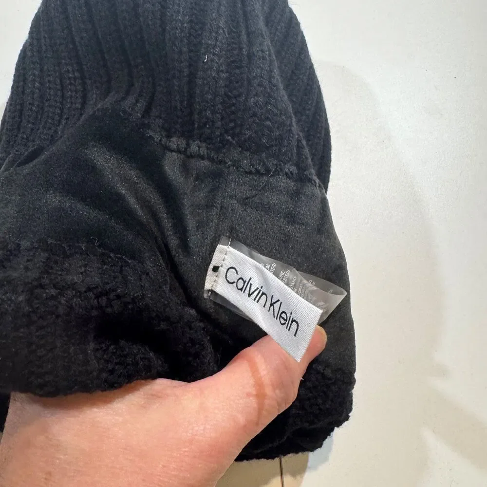 Calvin Klein Ribbed Black Knit Beanie Cuffed Winter Pom Toboggan Hat